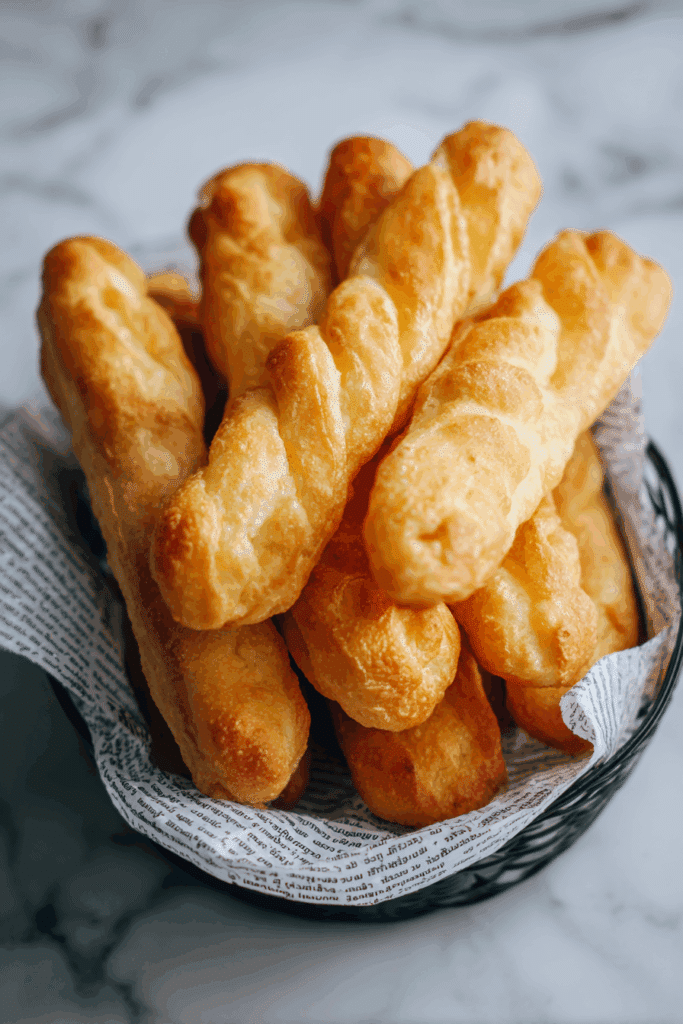Street vendor frying Thai Fried Dough Sticks in Bangkok market.