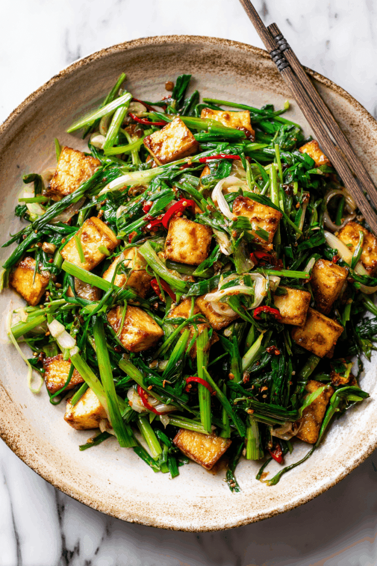 Garlic Chives Recipe with Tofu served in a bowl with rice.