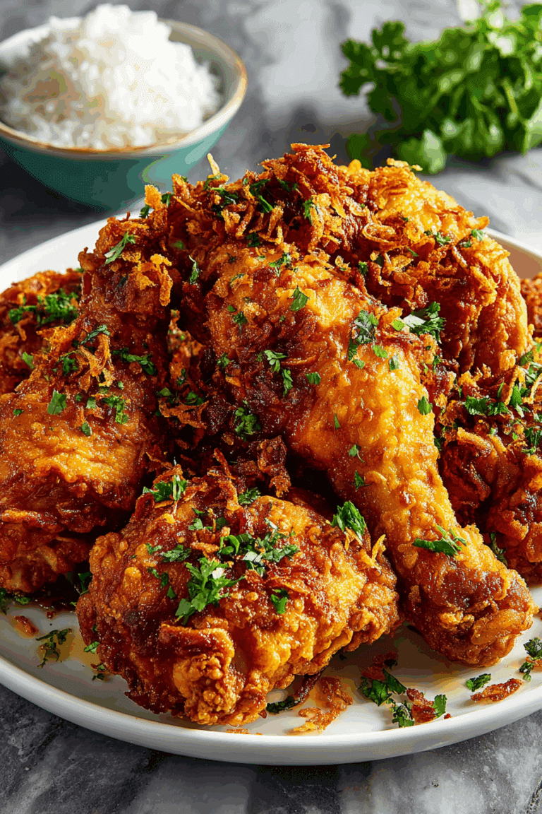 Thai Crispy Fried Chicken with sticky rice and fried shallots