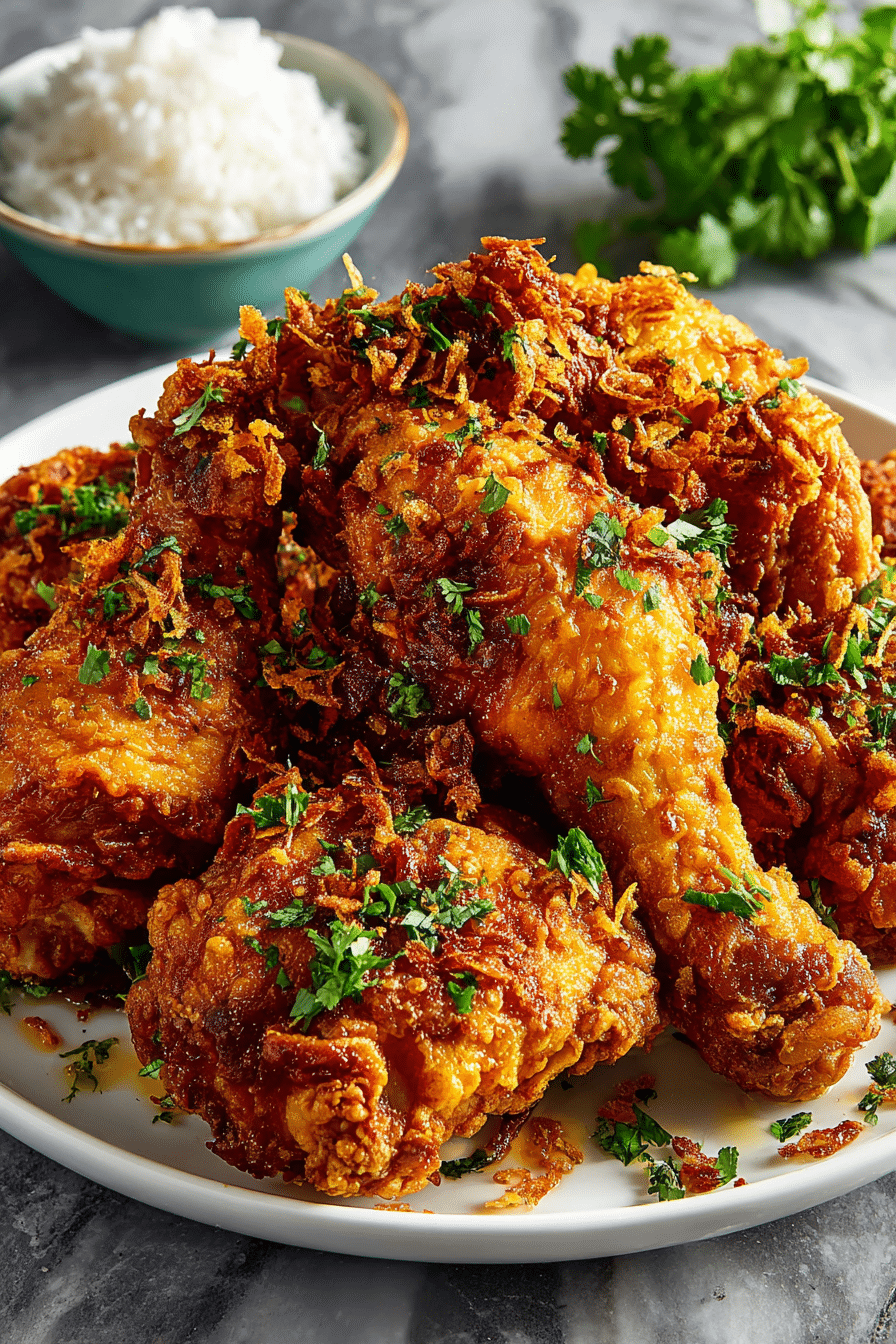 Thai Crispy Fried Chicken with sticky rice and fried shallots