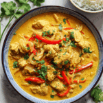 Thai Mango Chicken Curry served with jasmine rice and cilantro