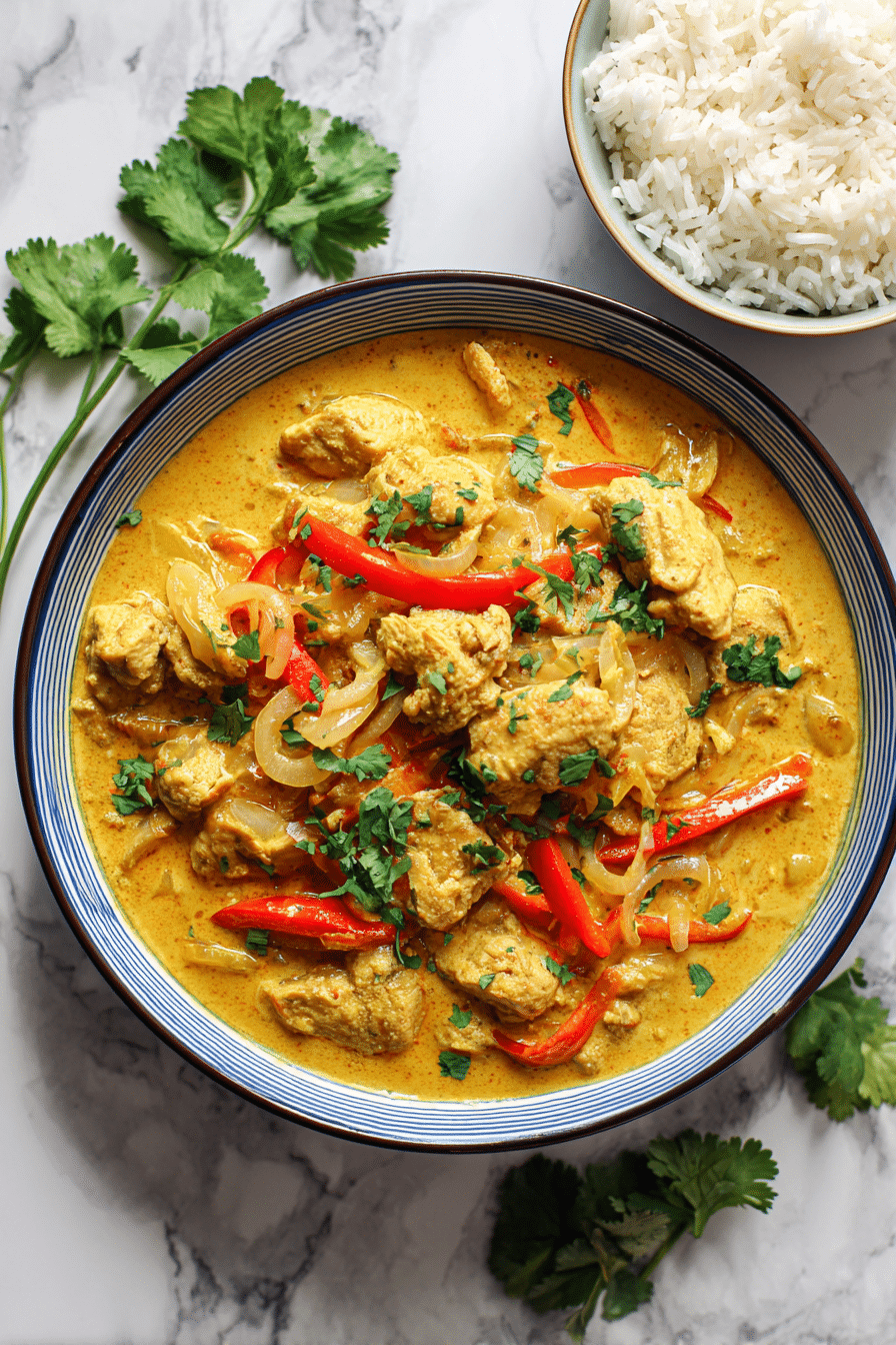 Thai Mango Chicken Curry served with jasmine rice and cilantro
