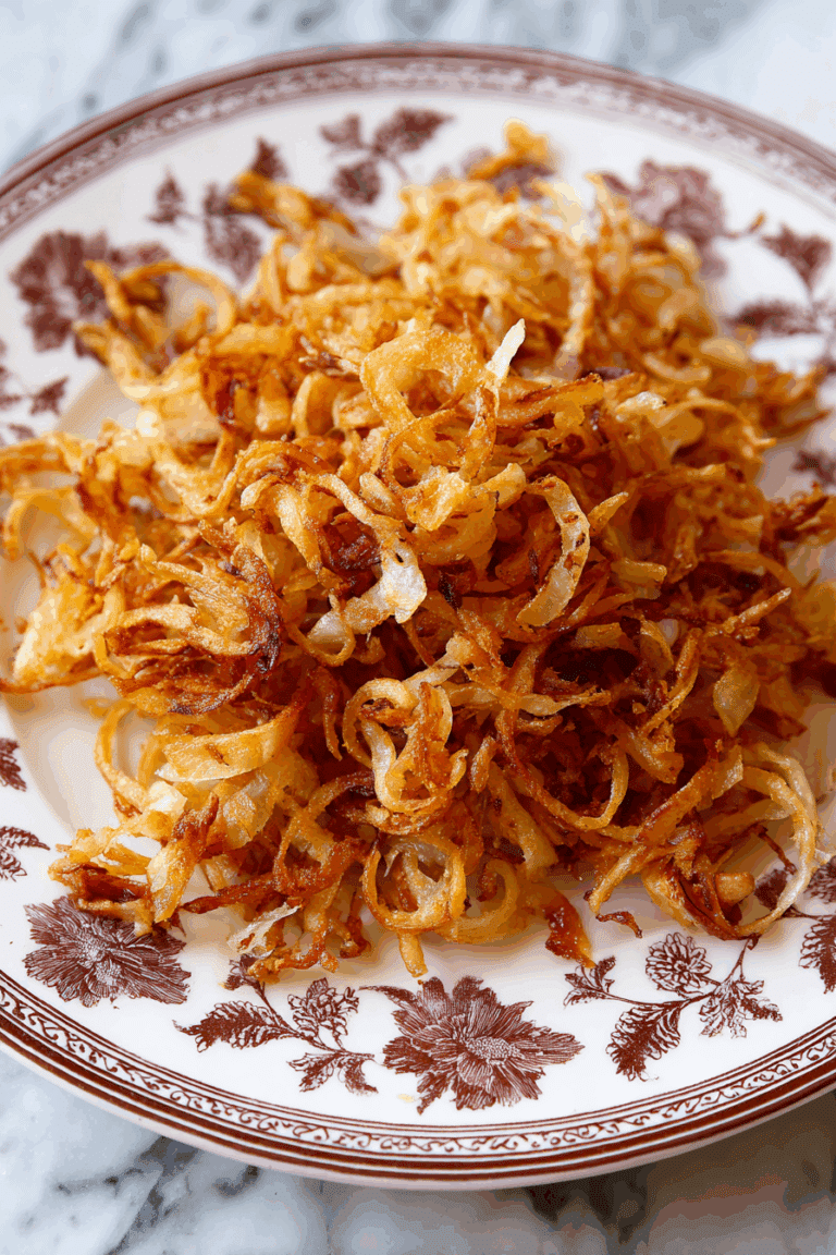 Homemade golden fried onions in a rustic bowl on a wooden table.