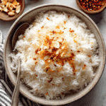 Creamy Thai coconut rice garnished with toasted coconut