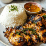Authentic Thai Sticky Rice with Grilled Chicken served with salad and dipping sauce