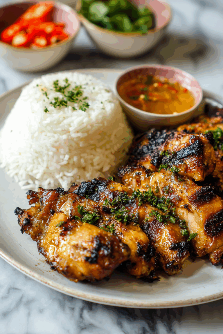 Authentic Thai Sticky Rice with Grilled Chicken served with salad and dipping sauce
