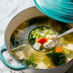 Easy Thai clear soup with chicken and tofu in a white bowl served with rice.