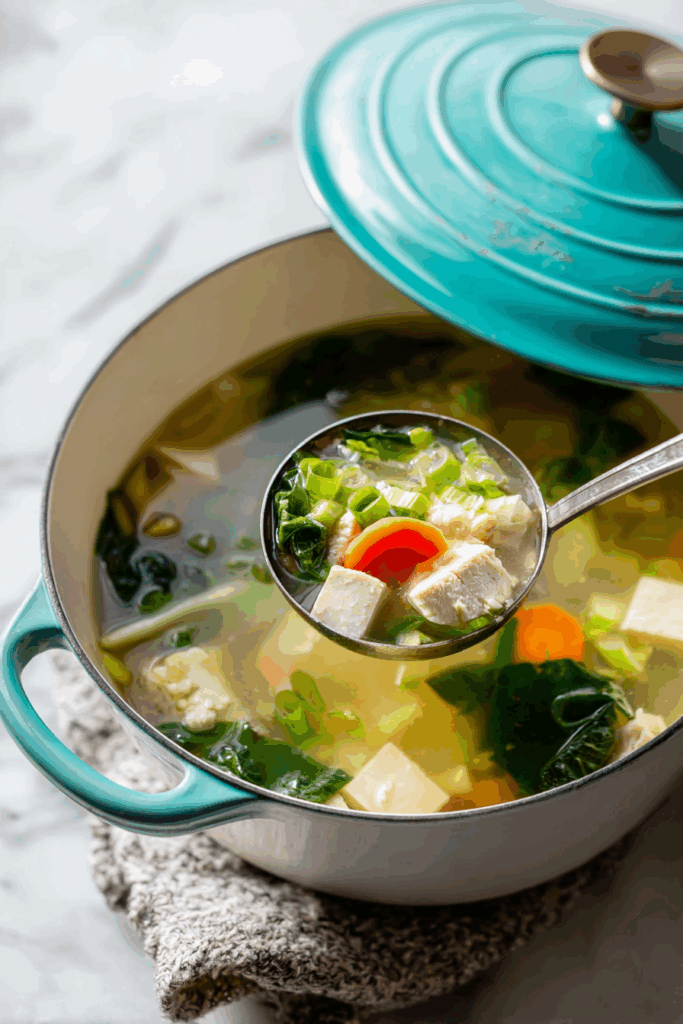 Easy Thai clear soup with chicken and tofu in a white bowl served with rice.