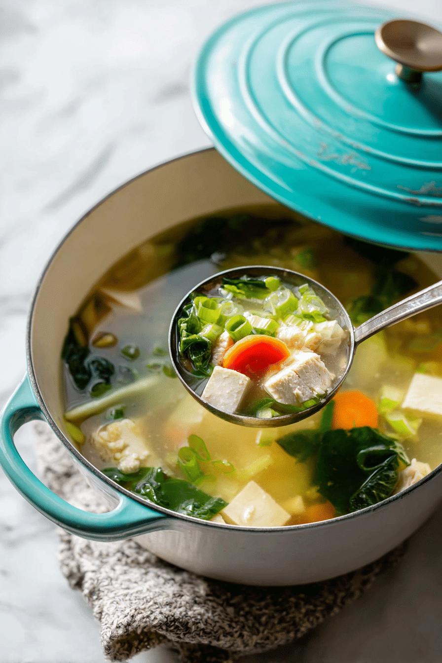Easy Thai clear soup with chicken and tofu in a white bowl served with rice.