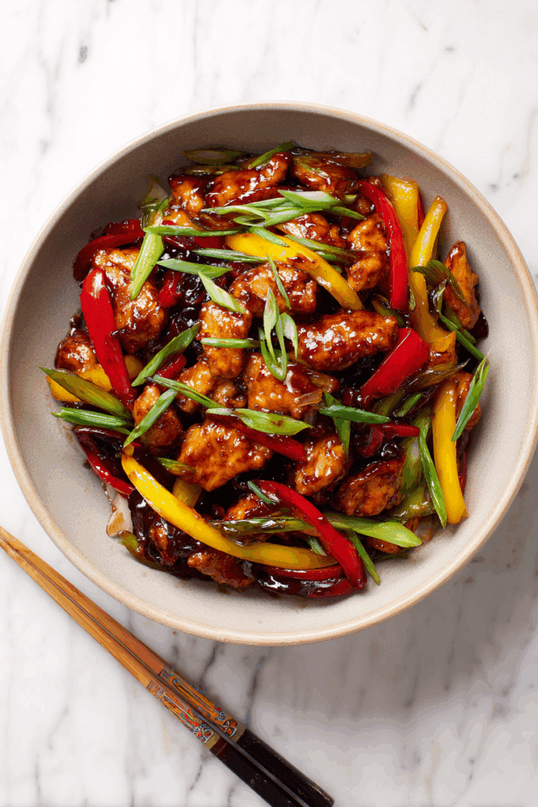 Delicious Chicken with Black Bean Sauce served with rice.