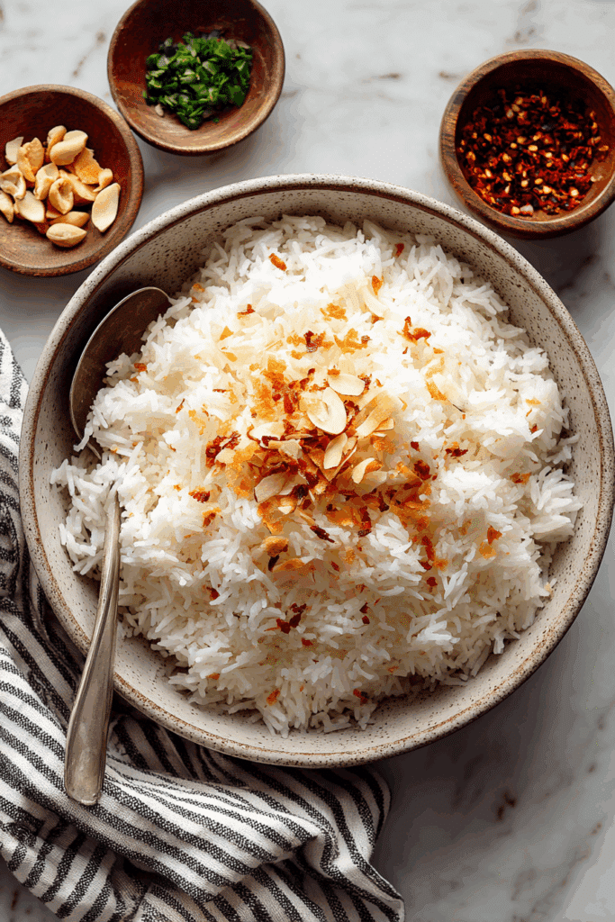 Creamy Thai coconut rice garnished with toasted coconut