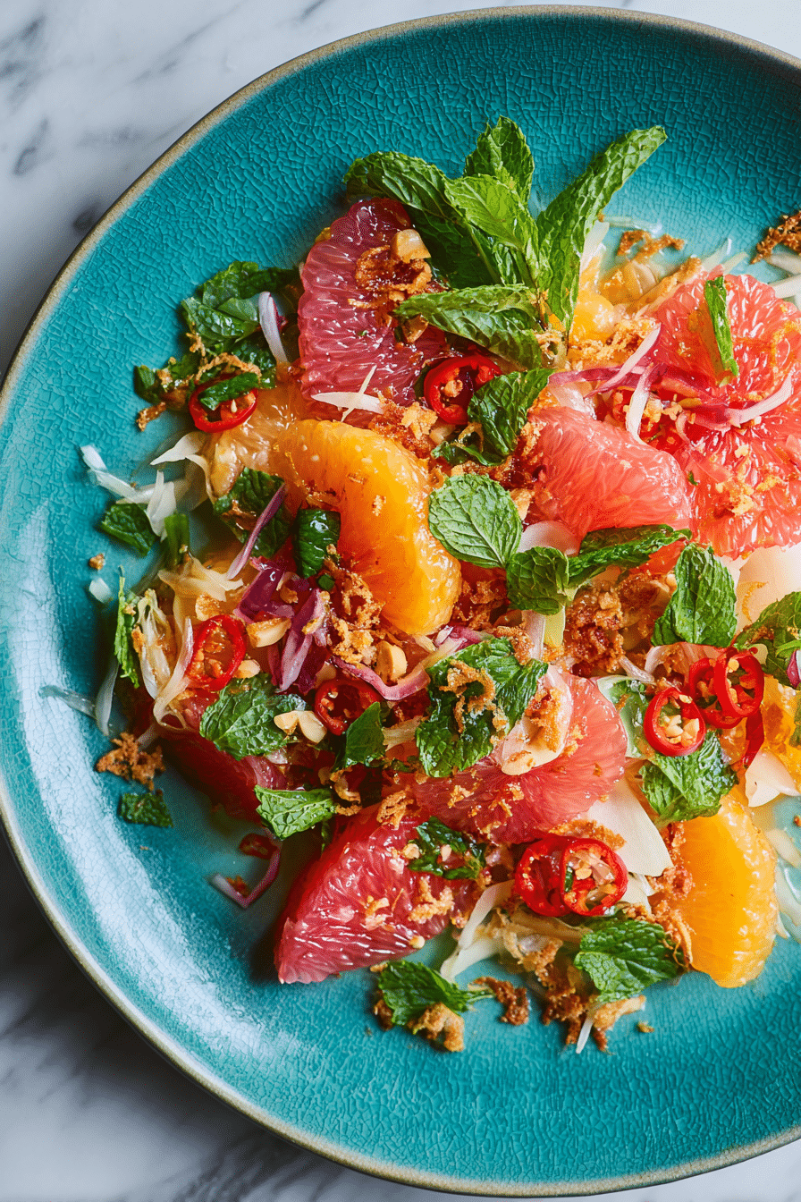Authentic Thai Pomelo Salad served in a bowl with shrimp and herbs