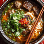Thai Beef Noodle Soup with fresh herbs and tender beef