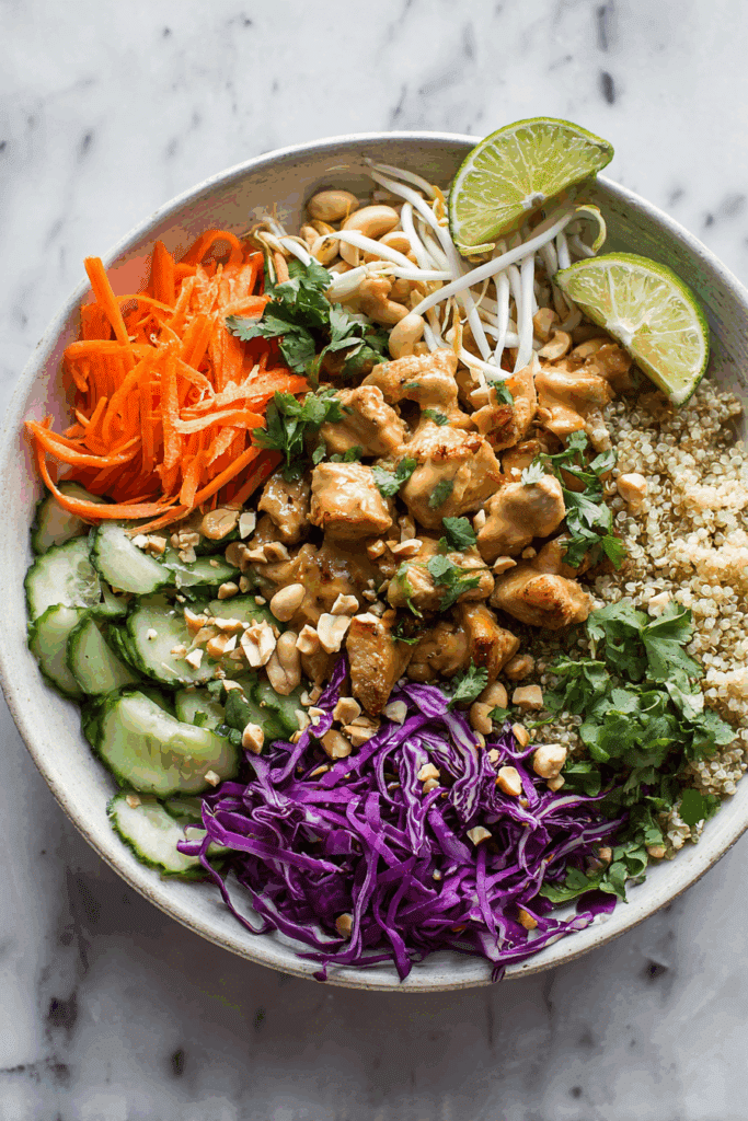 Thai Chicken and Quinoa Bowl with Roasted Vegetables in natural light