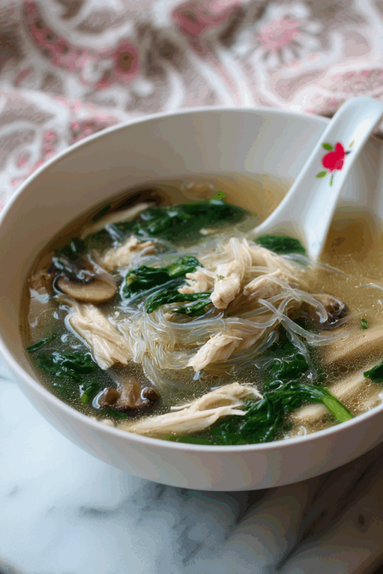 Thai Clear Soup with Bean Sprouts and Chicken served in a rustic bowl