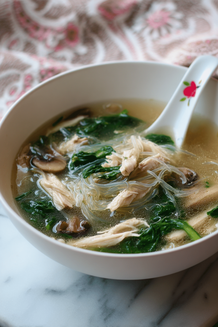 Thai Clear Soup with Bean Sprouts and Chicken served in a rustic bowl