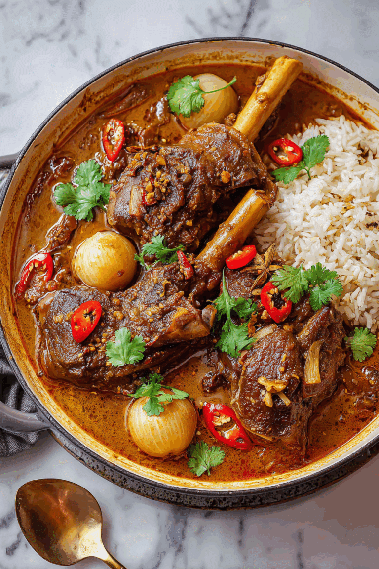 Lamb Shanks Massaman Curry served with rice and chili garnish.
