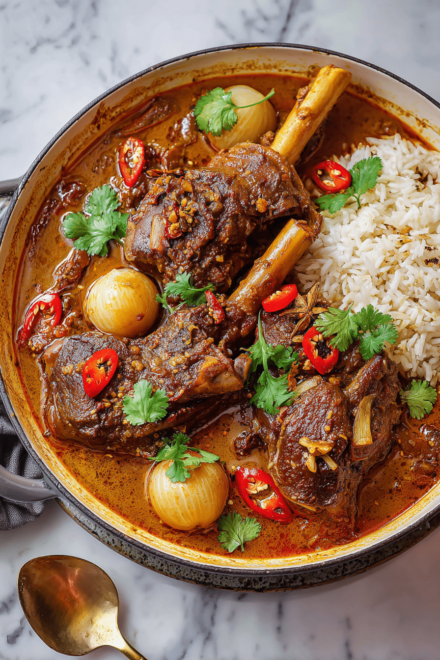 Lamb Shanks Massaman Curry served with rice and chili garnish.