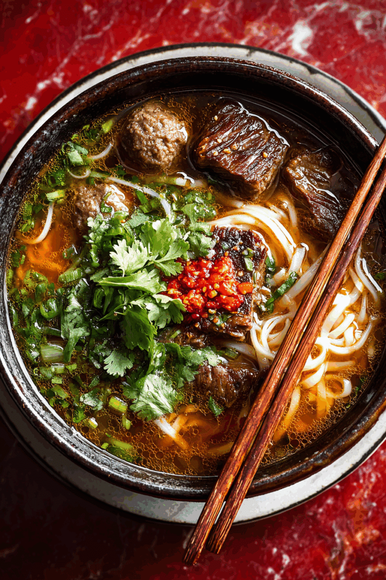 Thai Beef Noodle Soup with fresh herbs and tender beef