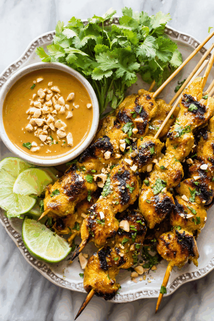 Thai Chicken Satay with Peanut Sauce served with lime wedges
