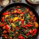 Thai chilli basil chicken with steamed jasmine rice and fried egg