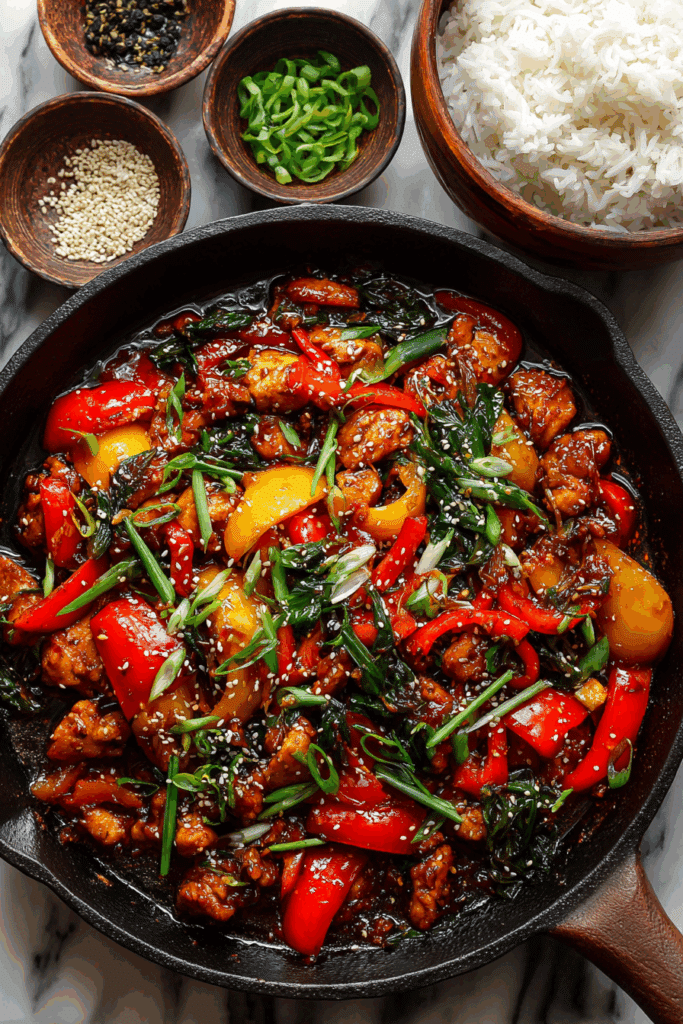 Thai chilli basil chicken with steamed jasmine rice and fried egg