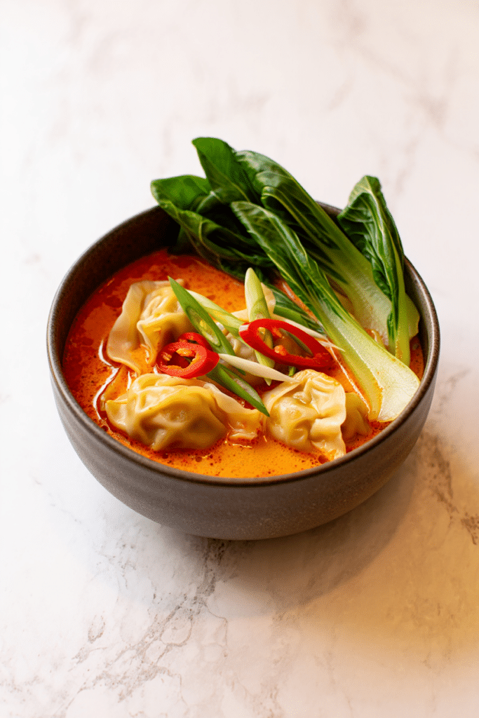 Thai Red Curry Wonton Soup Recipe in a bowl with creamy coconut broth and tender wontons