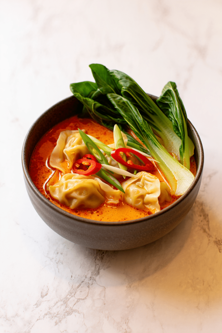 Thai Red Curry Wonton Soup Recipe in a bowl with creamy coconut broth and tender wontons