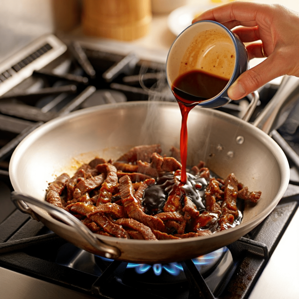 Cooking Thai Chili Beef Recipe in a hot wok with garlic, chilies, and savory sauce
