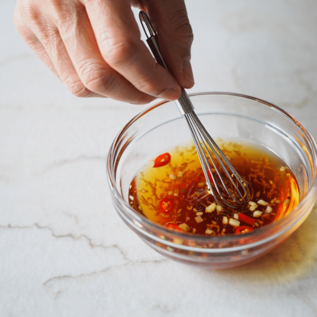 Thai dipping sauce for chicken served alongside grilled meat and vegetables