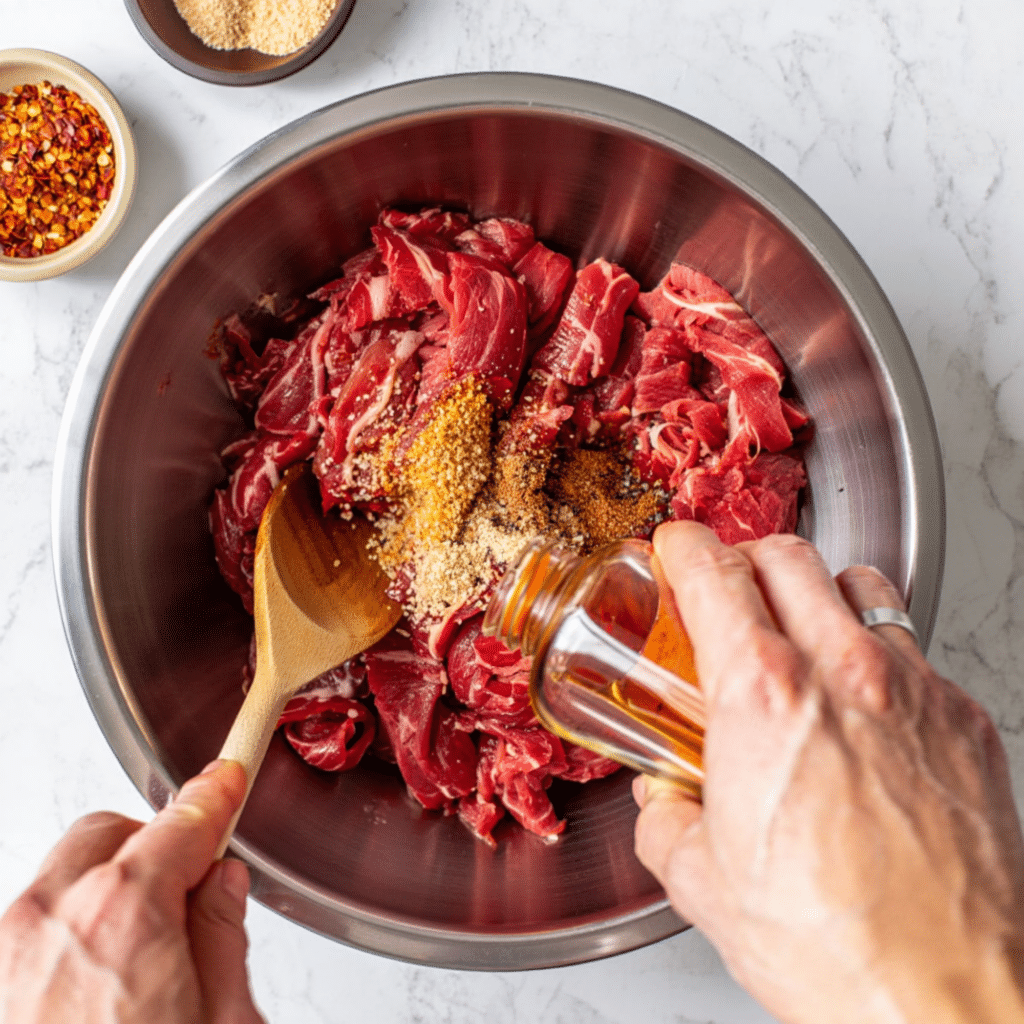 Slicing beef thinly against the grain for Thai Raw Beef Salad Recipe