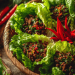 Thai Ground Beef Lettuce Wraps served on a plate with fresh herbs