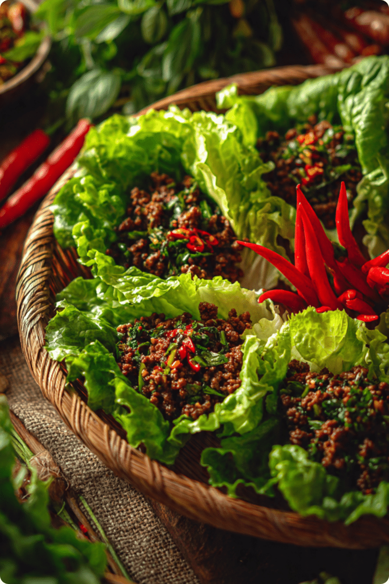 Thai Ground Beef Lettuce Wraps served on a plate with fresh herbs