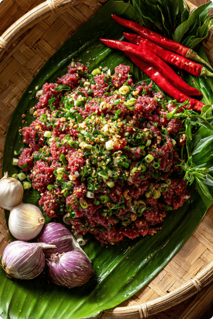 Thai Raw Beef Salad Recipe served in traditional Isan style with fresh herbs