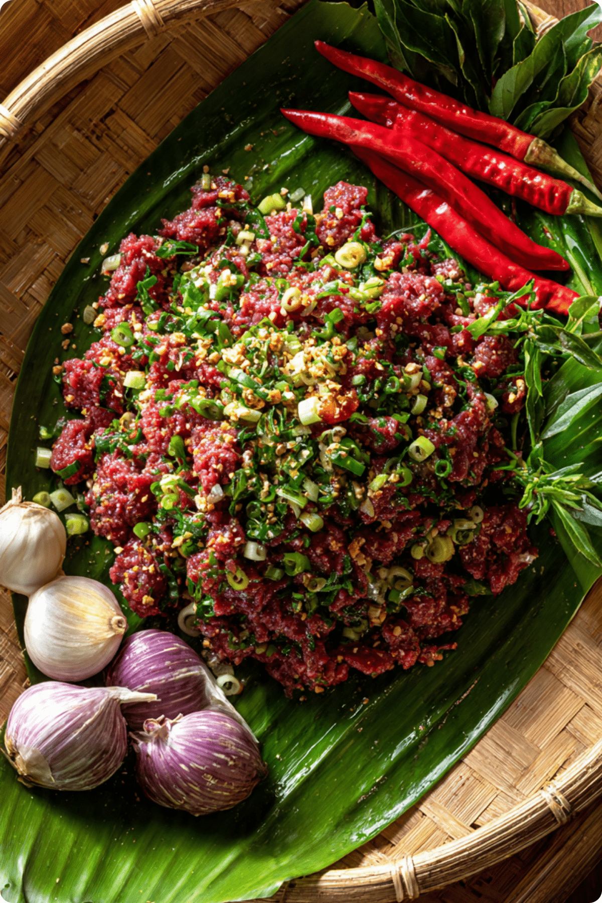 Thai Raw Beef Salad Recipe served in traditional Isan style with fresh herbs