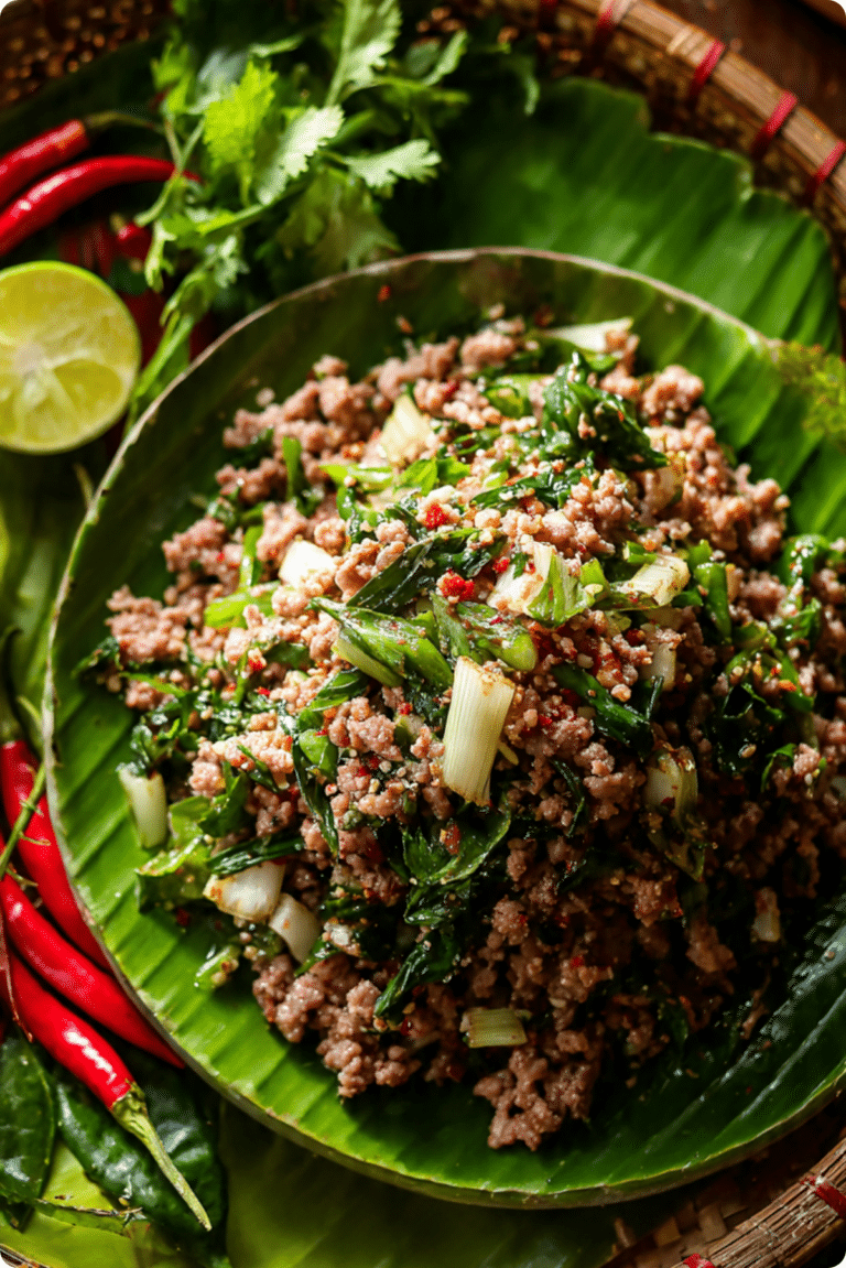 authentic thai beef larb recipe served with fresh herbs