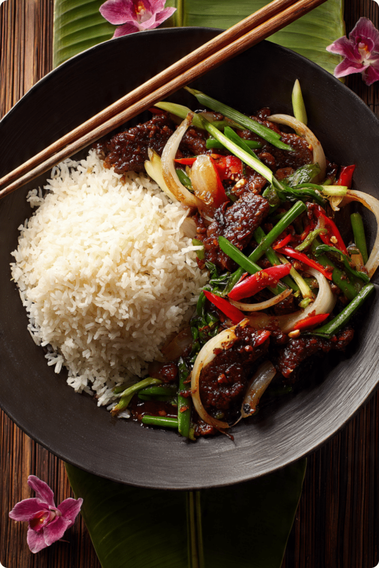 Thai Chili Beef Recipe served hot with jasmine rice, authentic Thai stir fry with chilies and tender beef