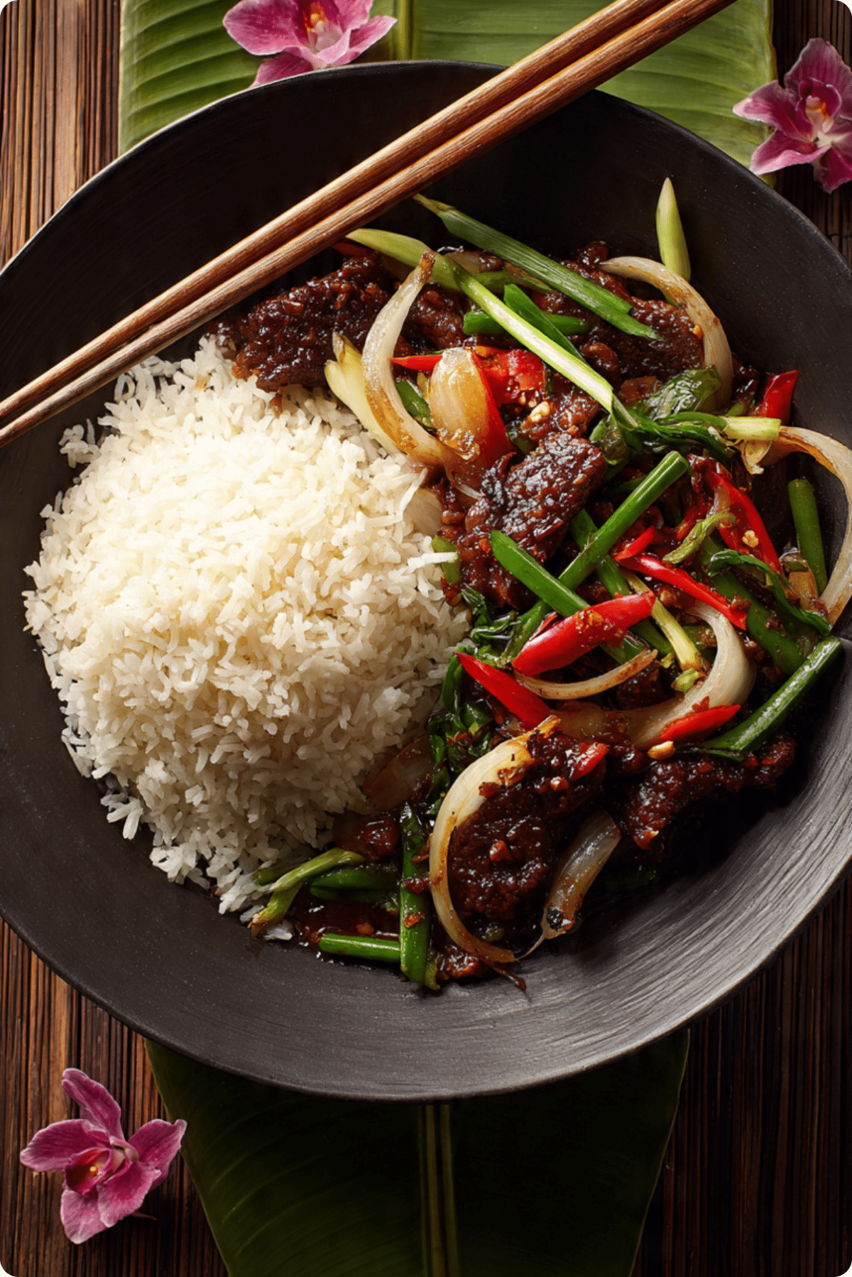 Thai Chili Beef Recipe served hot with jasmine rice, authentic Thai stir fry with chilies and tender beef