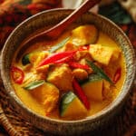 Thai Kabocha Squash Curry served in a bowl with creamy coconut milk broth and fresh basil
