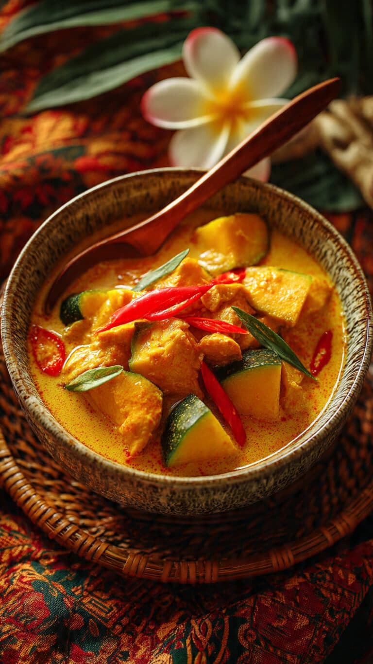Thai Kabocha Squash Curry served in a bowl with creamy coconut milk broth and fresh basil