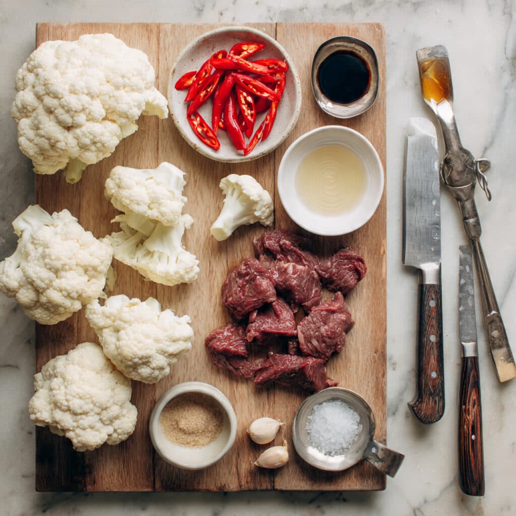 Close up of cauliflower beef stir fry showing glossy oyster soy sauce coating