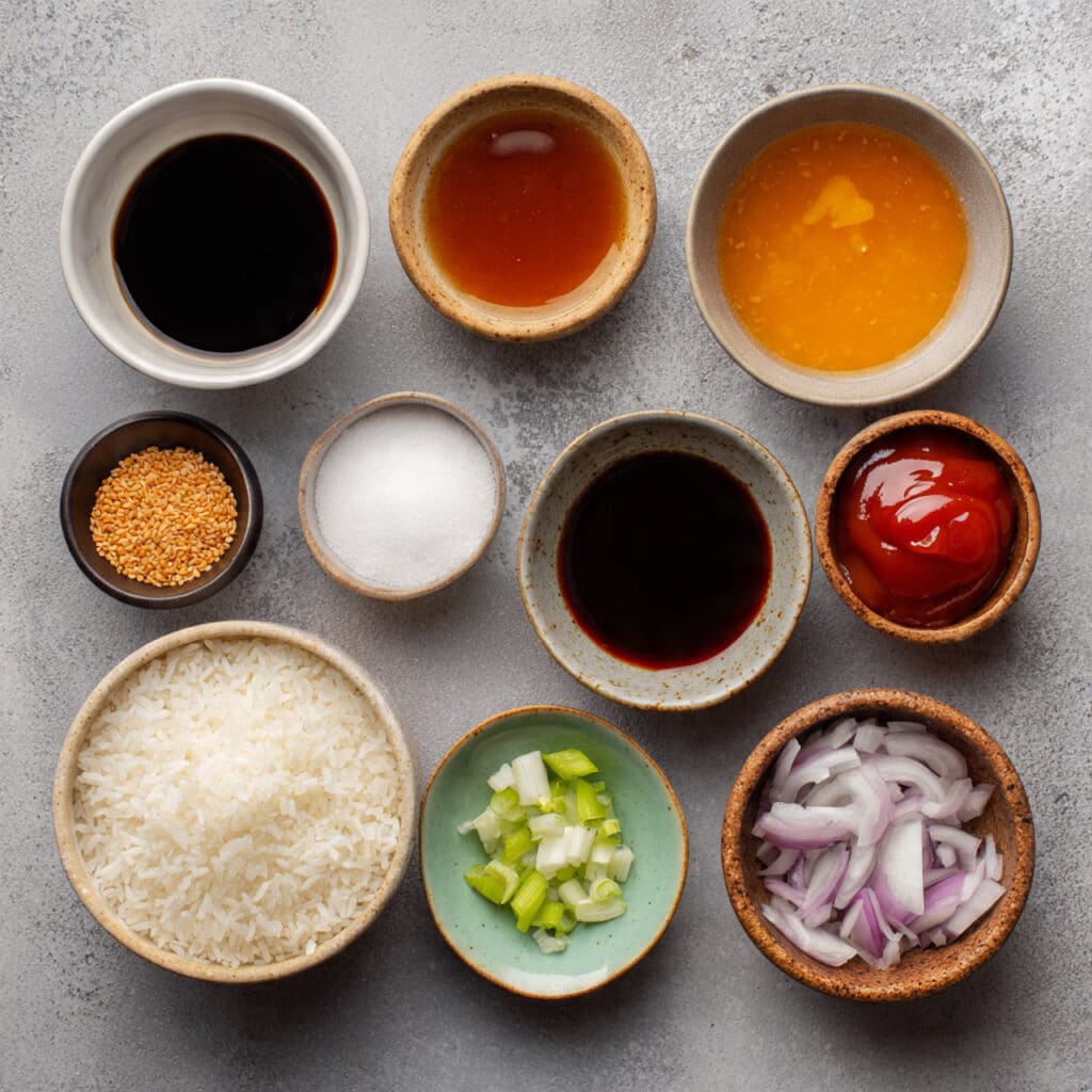 Ingredients for sweet and sour sauce for stir fry including soy sauce vinegar sugar and ketchup