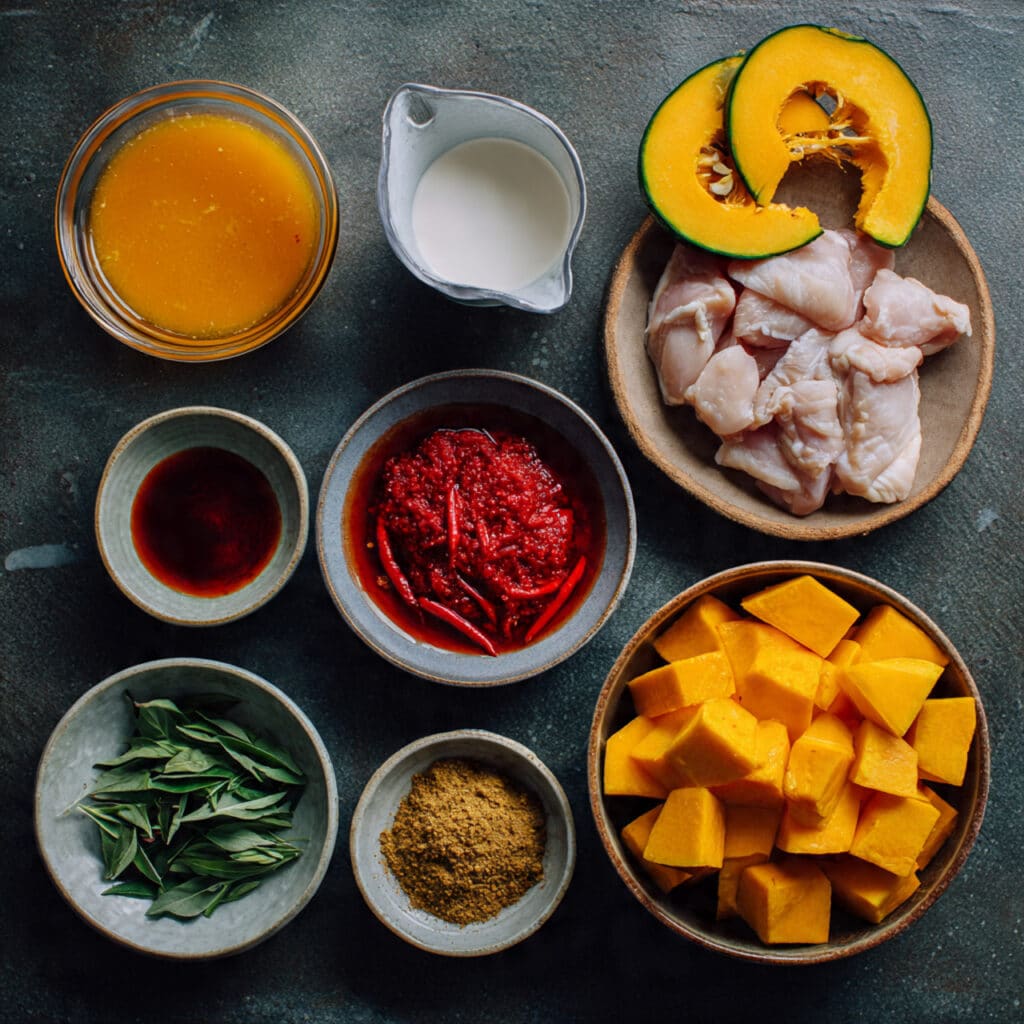 Authentic Thai Kabocha Squash Curry with chicken, basil, and kaffir lime leaves