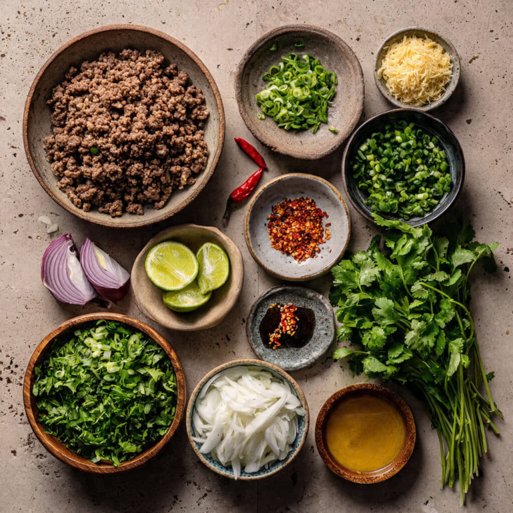 thai beef larb with toasted rice powder and lime