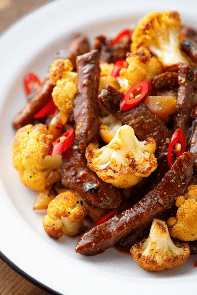Cauliflower Beef Stir-Fry with tender beef slices and crisp cauliflower in savory Thai sauce