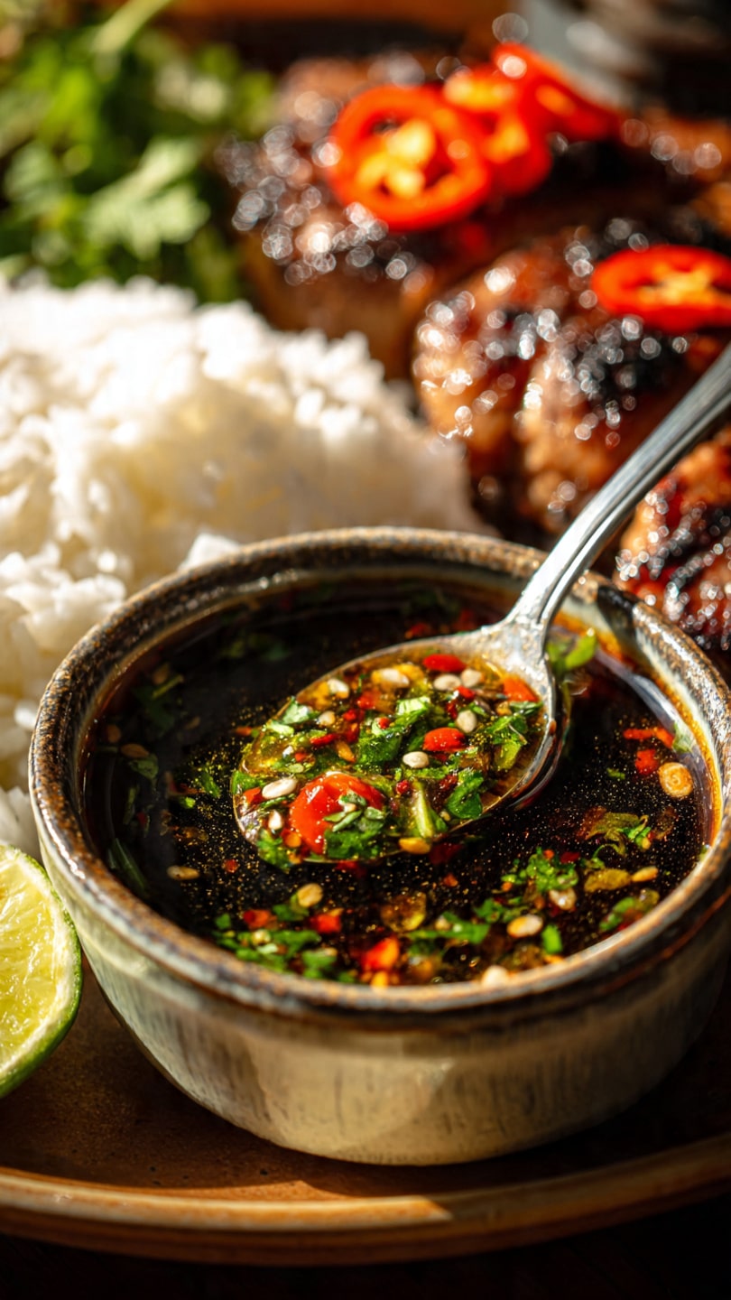 Thai dipping sauce served in a small bowl with fresh herbs and chili on a wooden table